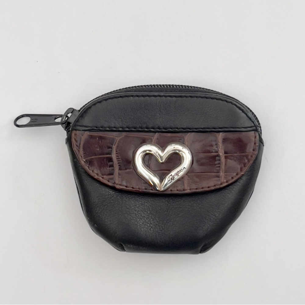 Brighton Coin Purse-brown and black leather coin purse with silver heart charm